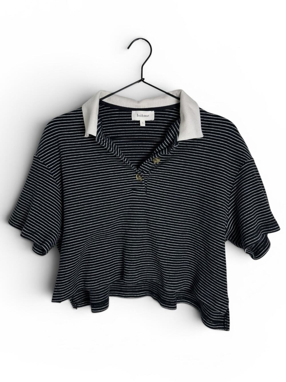Bohme Black and White Striped Cropped Boxy Polo Top Size Small